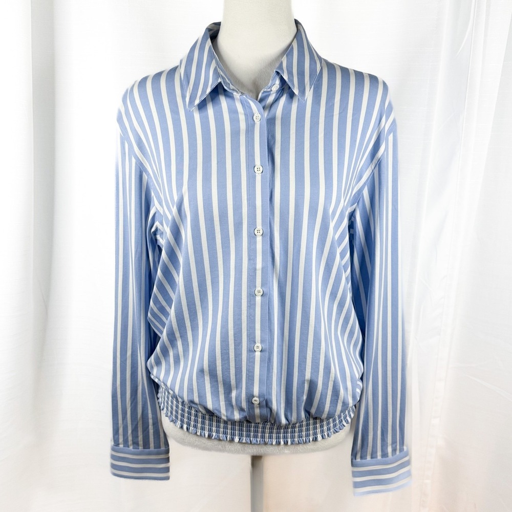 Buttercloth Pre-Tucked Fit Shirt Womens L Blue White Stripe Icy Cotton EUC